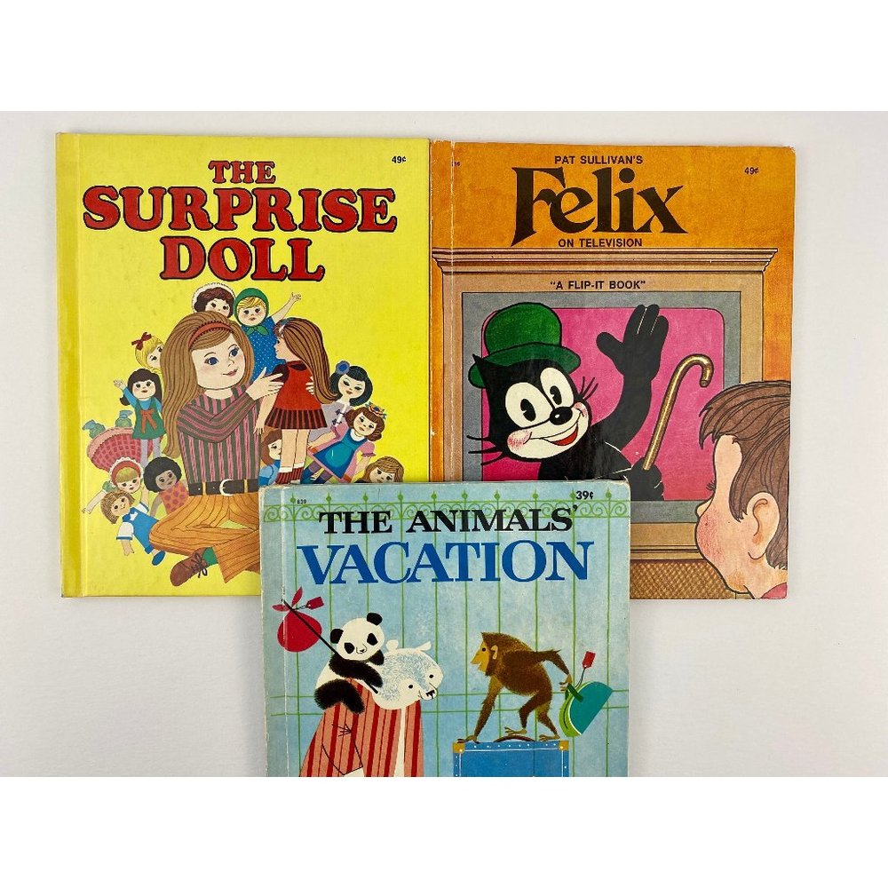 Vintage Wonder Books lot of 3 Children's Hard Cover 1970s Surprise Doll, Felix